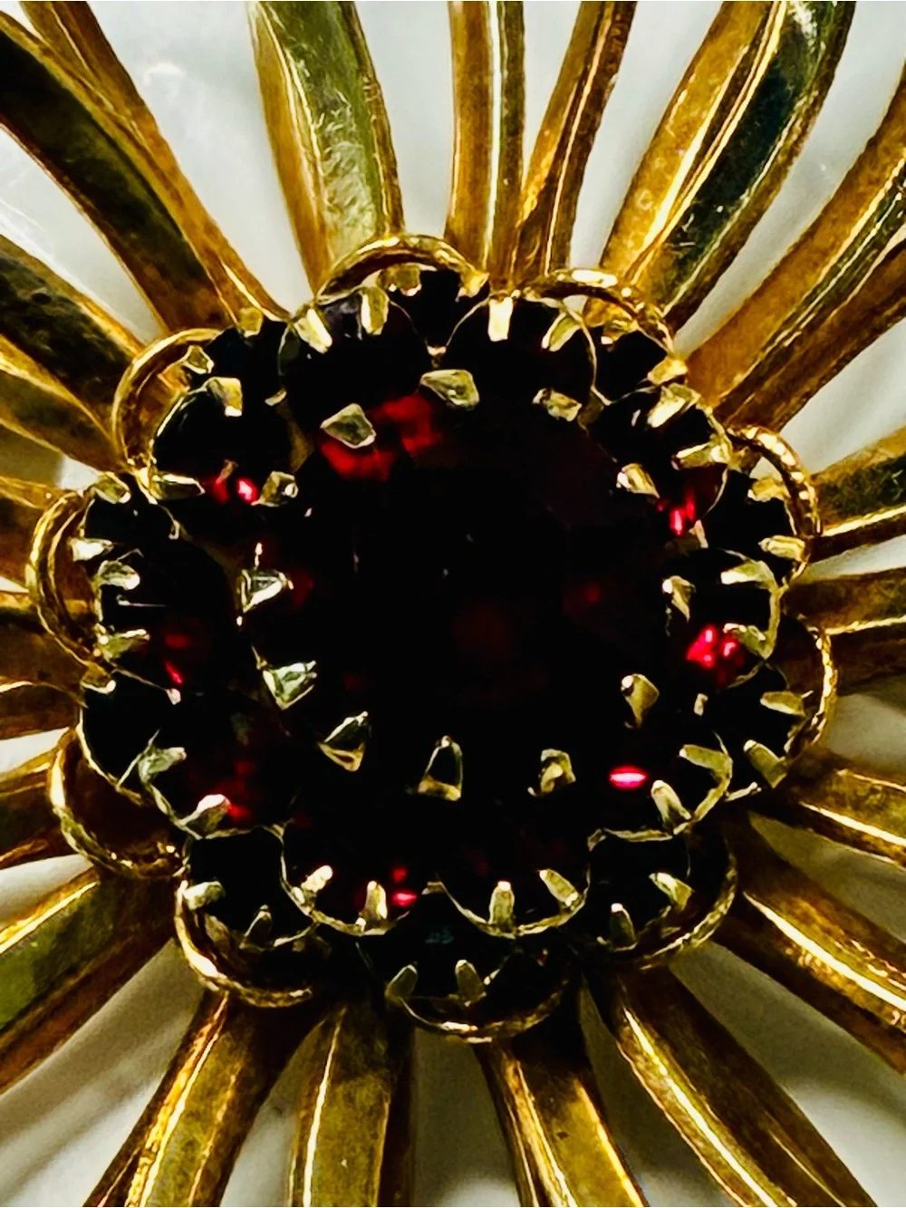 Sarah Coventry Gold-tone Sunburst Brooch with Deep Red Center
